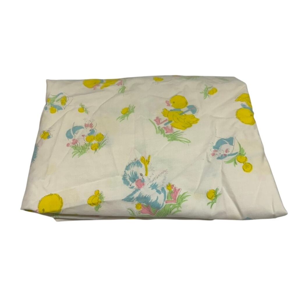 Vintage Cotton Crib Sheet Yellow White Pink Ducks Birds Green Blue